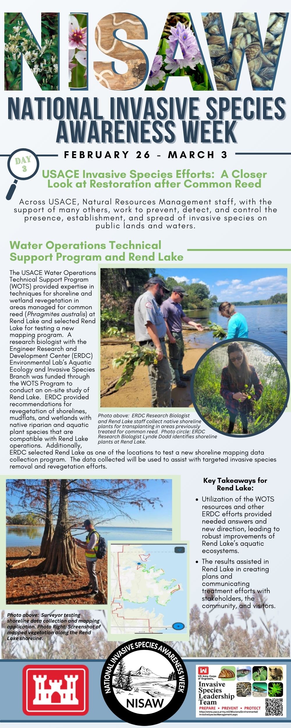Bookmark for Day 3 of National Invasive Species Awareness Week, highlighting the USACE invasive species efforts related to aquatic plants