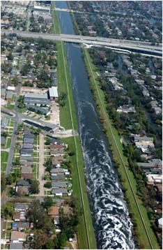 Two parallel levees in an urban setting.