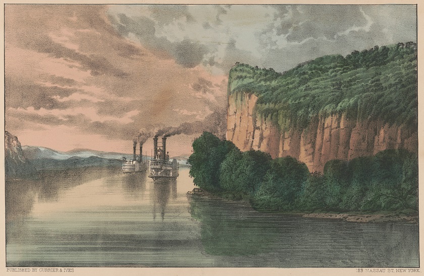 Color drawing of steamships on a winding river