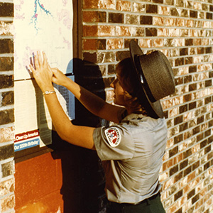 Woman park ranger in uniform hangs a notice on a board