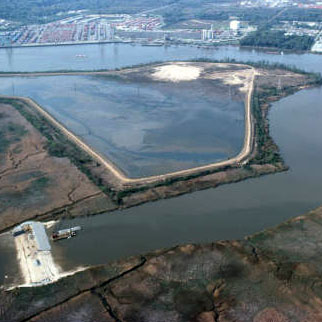 River, harbor, small dam near an industrial facility