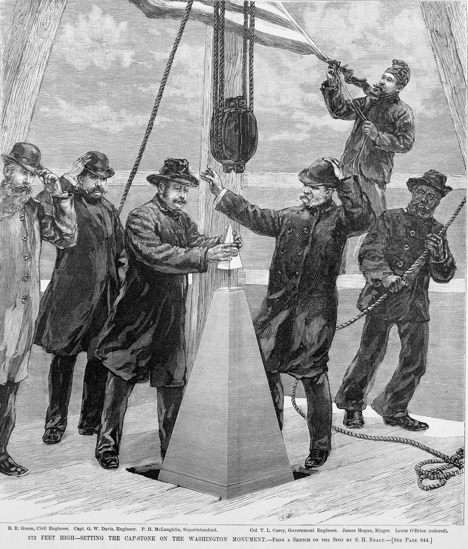 drawing of men placing a capstone outside atop monument