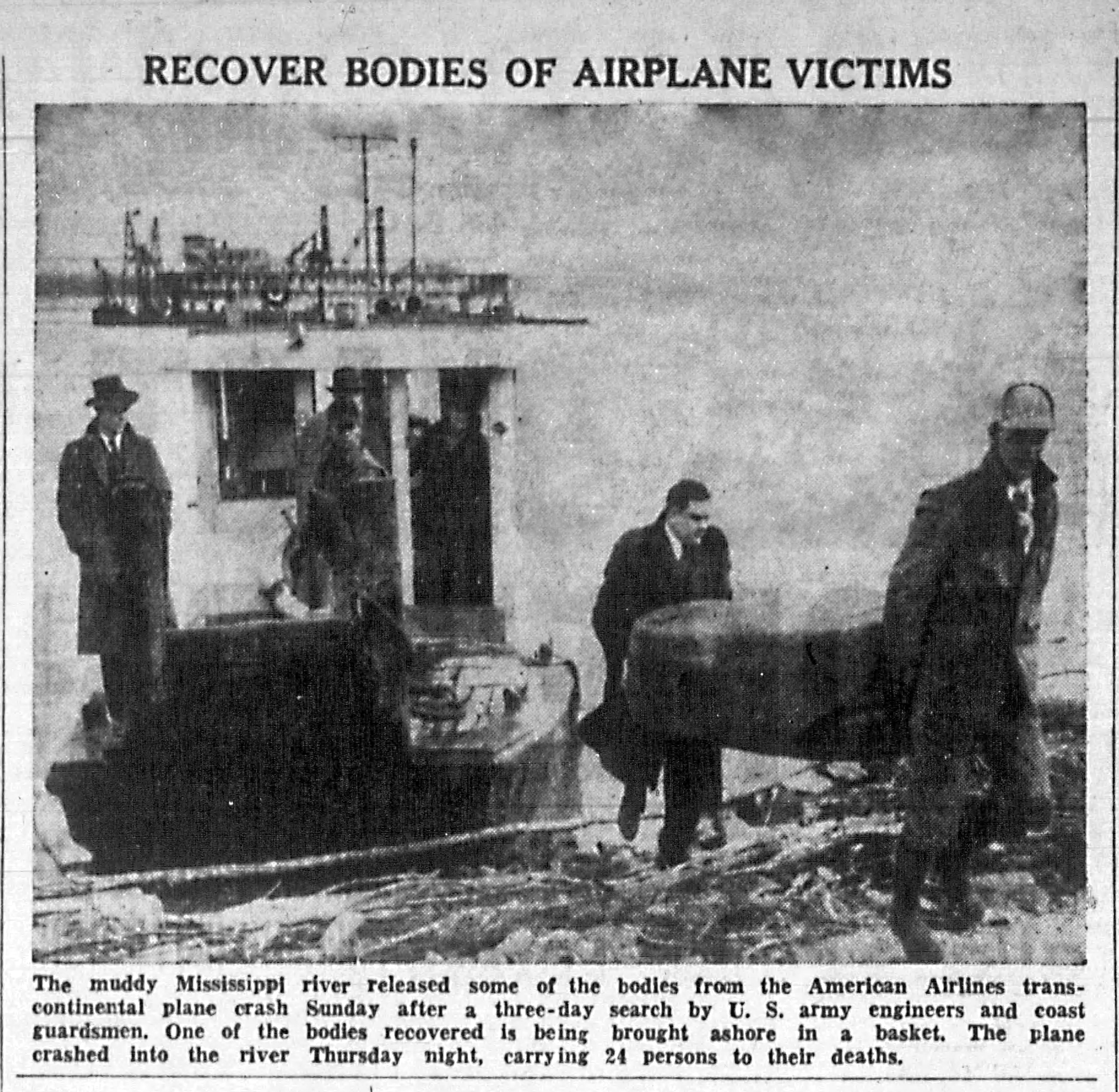 newspaper article with photos of men pulling items from the river