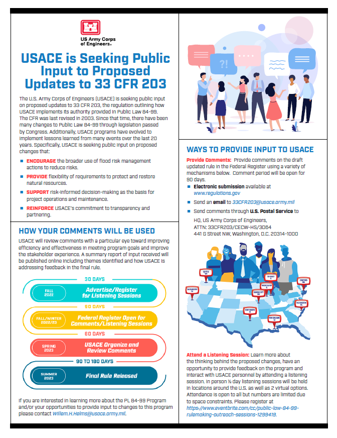 Flyer highlighting public input opportunities for proposed changes to 33 CFR 203 Flyer highlighting public input opportunities for proposed changes to 33 CFR 203