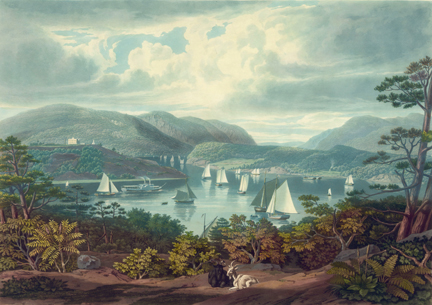 Painting of river with boats at West Point, NY Painting of river with boats at West Point, NY