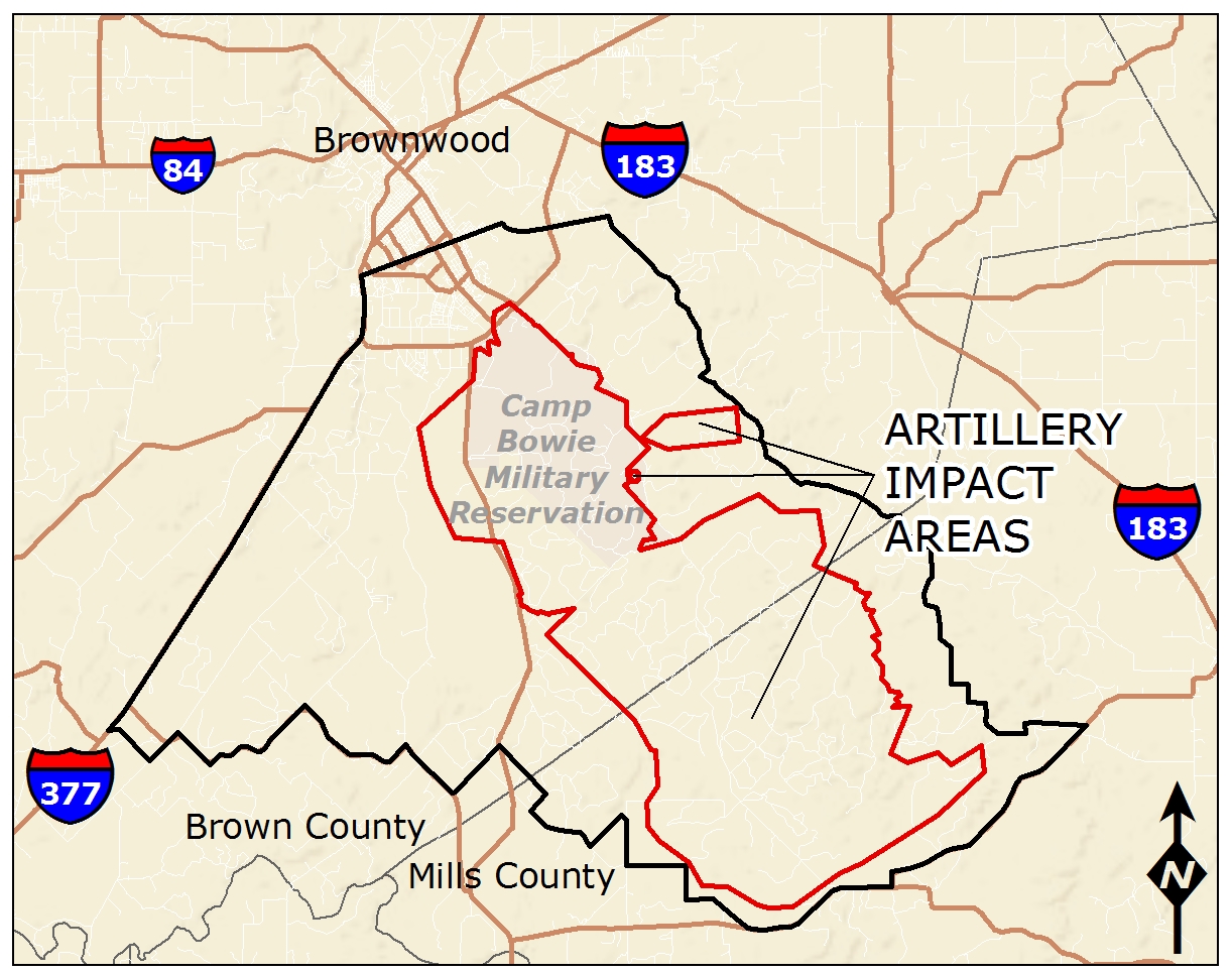Link to full size map of Camp Bowie, Artillery Impact Areas 