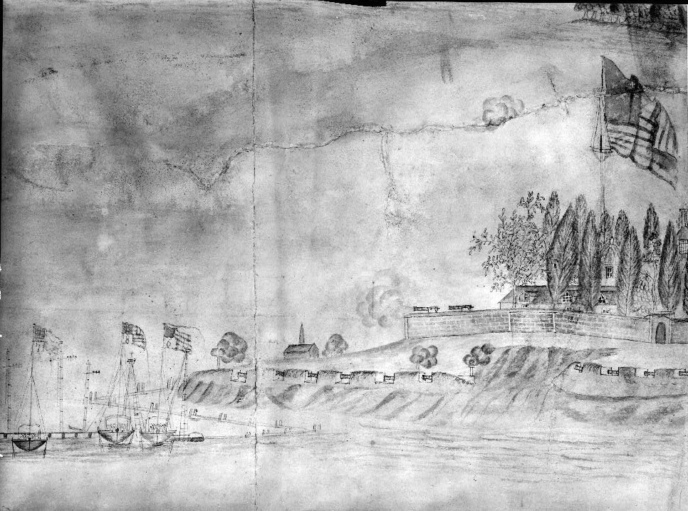 Portion of an anonymous watercolor painting of Fort McHenry bombardment of 1814.