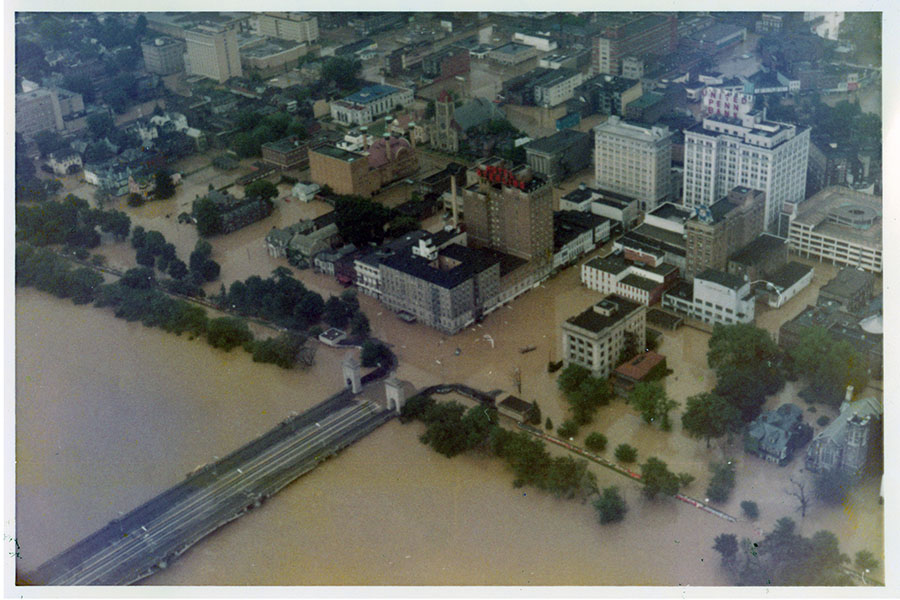 Aerial view of a city's flooded downtown area Aerial view of a city's flooded downtown area