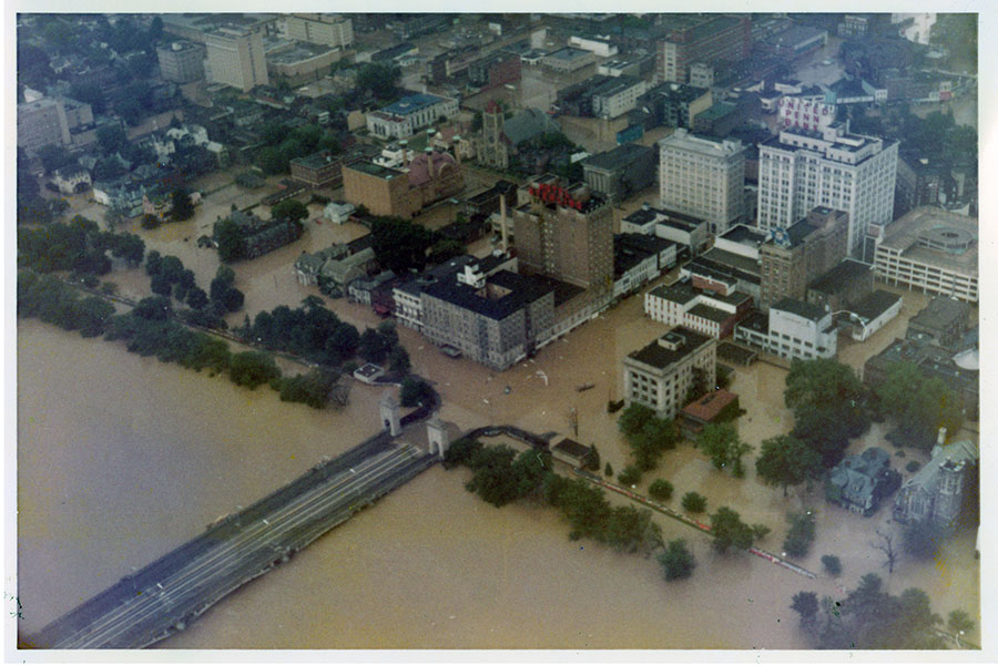 Aerial view of a city's flooded downtown area